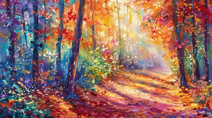 Fototapeta premium Enchanting Autumn Forest Trail Blanketed with Vibrant Fallen Leaves under the Golden Canopy