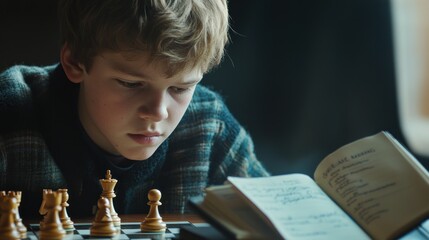 Boy intently studying chess game, notebook, indoor