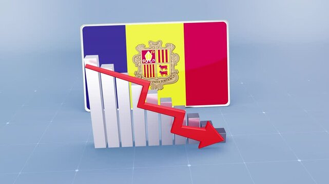 #Andorra country flag and bar chart graph showing decreasing values a red arrow economic crisis concept. Flag of #Andorra