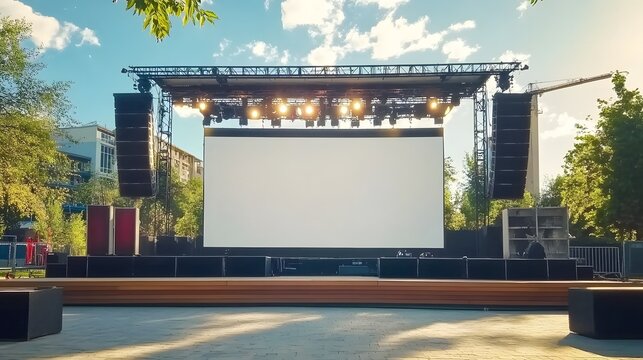 Large white screen on an outdoor stage with a professional sound system and lighting setup, captured during a vibrant daytime music festival. The cinematic framing and natural daylight create an immer