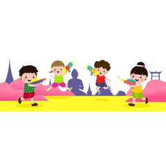 Songkran festival thai kid Traditional enjoy splashing water Thailand Traditional Illustration flat