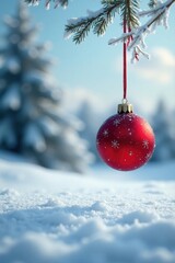 Snowy landscape with a single red Christmas ornament suspended in mid-air, Holiday decoration, Christmas tree alternative, Winter sky