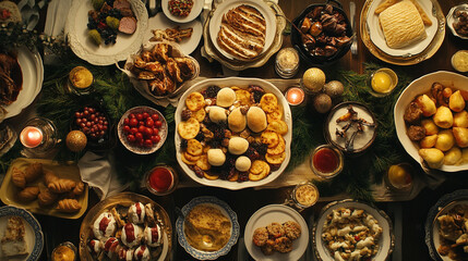 A vibrant banquet featuring a variety of delectable dishes and fruits in a table,  Special Celebrations and Gatherings for a great dinner, surrounded by cheerful decorations.