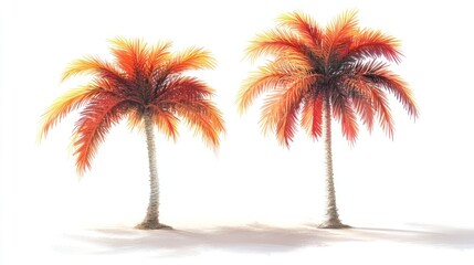 Obraz premium Two orange palm trees on beach, sunny day, tropical background, website design