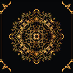 Luxury mandala design black background in gold color
