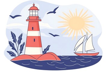 Coastal Lighthouse Scene with Sailboat under Sunny Skies
