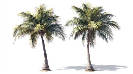 Obraz premium Two palm trees on white background, tropical paradise, sunny day, design element