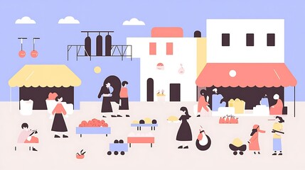 Obraz premium Vibrant Street Market Scene with Diverse Shoppers and Vendors