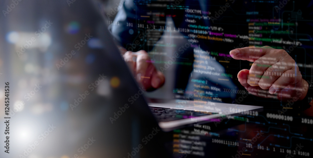 Poster Software IT developer programming code binary data digital technology computer screen coding language dark background software development cybersecurity tech work hands typing