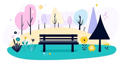 Obraz premium Serene park bench scene with stylized trees and flowers.
