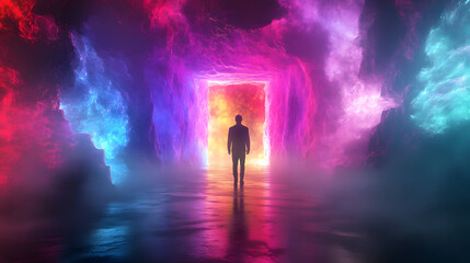 Silhouette of Man in a Neon Cave Portal