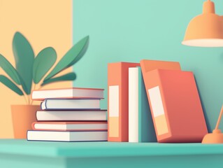 Books and folders standing on a shelf with a plant and a lamp in a colorful setting, creating a cozy reading corner