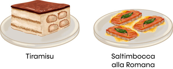 Italian Food Vector Illustration Tiramisu Saltimbocca