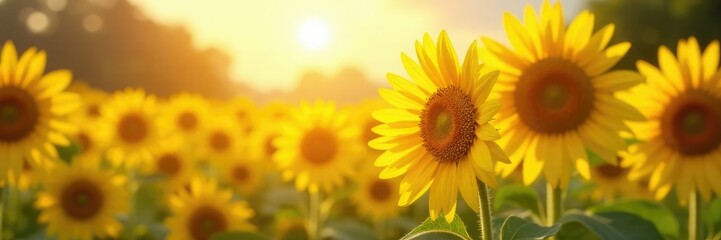 Obraz premium Warm sunlight filters through tall yellow sunflowers, summer, pollen, yellow