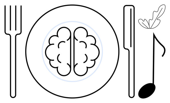 Plate with brain between fork and knife, plant-thumbs up object with musical note. Ideal for themes of intellectual growth, creativity, mental health, nourishment, learning, culinary arts, abstract