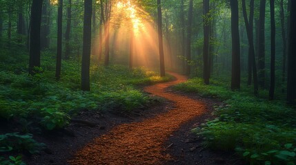 Obraz premium Serene forest path illuminated by sunlight through misty trees