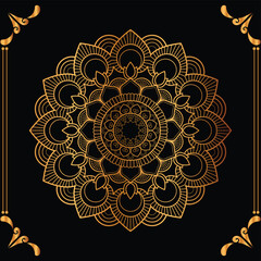 Luxury mandala design black background in gold color
