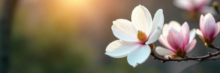 Fototapeta premium Blooming magnolia tree with three white petals, magnolia, kaliningrad, flowers
