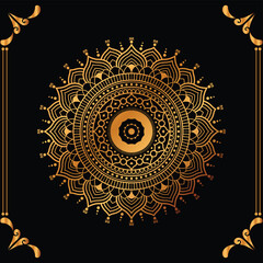 Luxury mandala design black background in gold color
