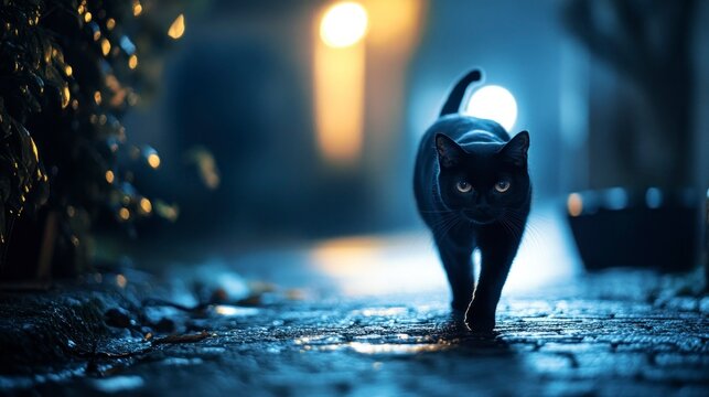 A mysterious black cat walking across a moonlit street urban environment nighttime scene enigmatic mood