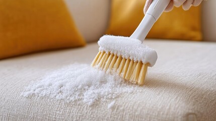 A close-up of a microfiber sofa's fabric being scrubbed with a soft brush after applying rubbing alcohol.