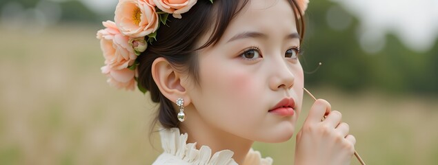 Naklejka premium Asian young female with floral headpiece in serene outdoor setting