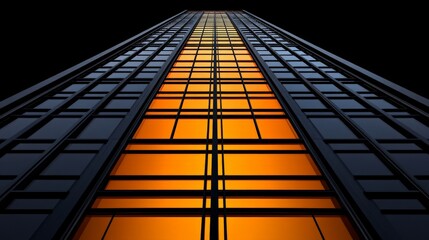 Rising High: An abstract view of a towering skyscraper against a dark backdrop, showcasing the grandeur of urban architecture, sleek lines, and geometric patterns. 