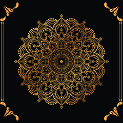 Luxury mandala design black background in gold color
