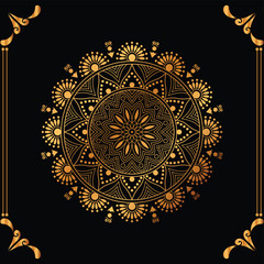 Luxury mandala design black background in gold color
