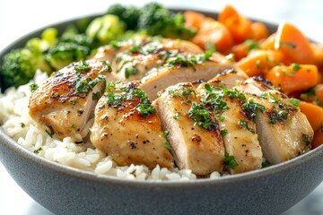 Grilled chicken breast bowl with rice, broccoli, and carrots. Healthy meal prep