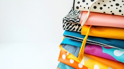 Colorful fabric stack, studio shot, white background, craft supplies