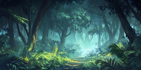 Thick Misty Rainforest Landscape with Towering Trees and Lush Green Foliage in a Serene Atmosphere