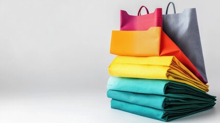 Colorful shopping bags stacked, studio shot, white background, retail
