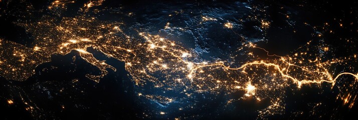 Aerial view of Europe at night, glowing city lights and rivers form a connected network of urban development, showcasing landmarks like Paris and London. Great for global ads and website headers.