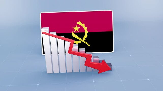 Angola country flag and bar chart graph showing decreasing values a red arrow economic crisis concept. Flag of Angola
