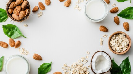 Fresh Ingredients with Almonds, Oats, and Coconut on White Background