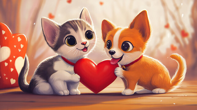 Cute kitten and puppy sharing a heart, symbolizing love and friendship.