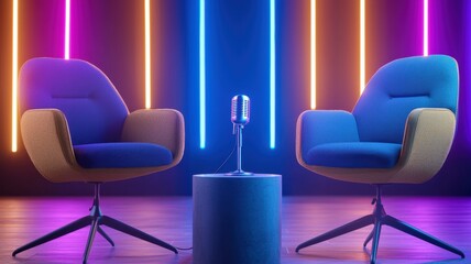 Fototapeta premium Professional podcast recording space featuring vintage microphone, empty chairs, vibrant neon lighting creating atmospheric creative workspace