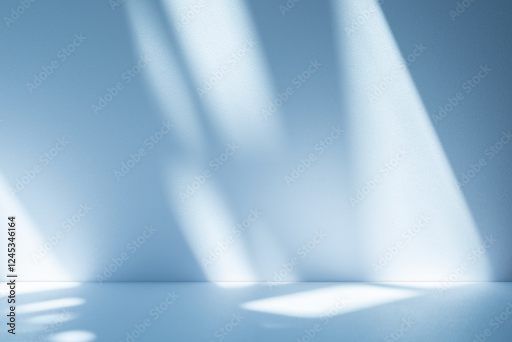 Poster Wall interior background, studio and backdrops show products. with soft light shadow from window color blue and white. background for text insertion and presentation of product	