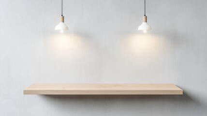 Fototapeta premium Minimalist interior design featuring an empty wooden plank board shelf, light bulbs, and a decorative vase against a clean white wall, illuminated by natural light