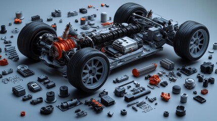 Exploded View of Electric Vehicle Chassis and Components. Generative AI