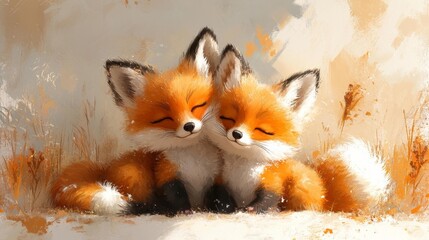 Fototapeta premium Two Peaceful Foxes Sleeping in a Warm Embrace. Generative AI