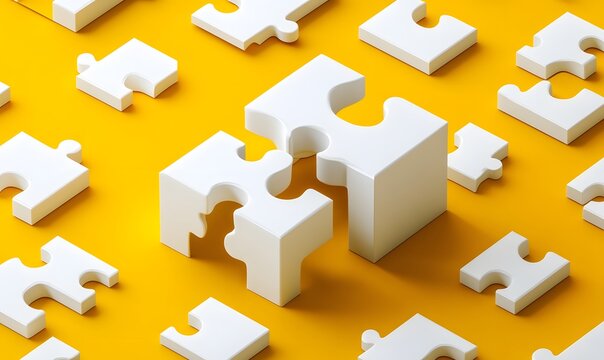 Two puzzle pieces connecting, yellow background, teamwork concept, website banner