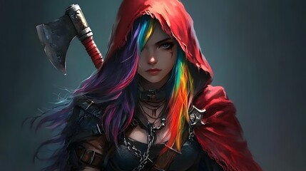 A beautiful young woman with vibrant rainbow-colored hair wearing a striking red hooded cloak, set in a futuristic cyberpunk world. The dark, neon-lit environment creates a mysterious and immersive