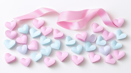 Pastel Pink and Blue Paper Hearts With Ribbon On White Background With Hearts And Ribbons Scattered