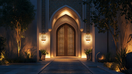 Illuminated ornate archway entrance at night.