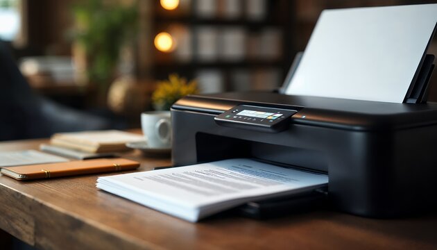 Office Setup Featuring a Modern Printer with Papers on a Desk Surrounded by Cozy Decor