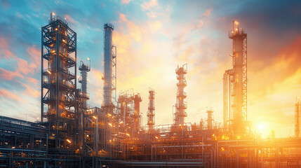 Obraz premium large scale oil refinery at sunset, showcasing illuminated structures and vibrant skies