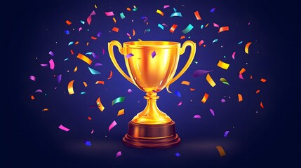 Gleaming Golden Trophy Surrounded by Colorful Confetti Under Soft Lighting with a Dark Background