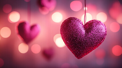 Fototapeta premium Glistening hearts hanging in a cozy atmosphere with soft bokeh lights in the background.